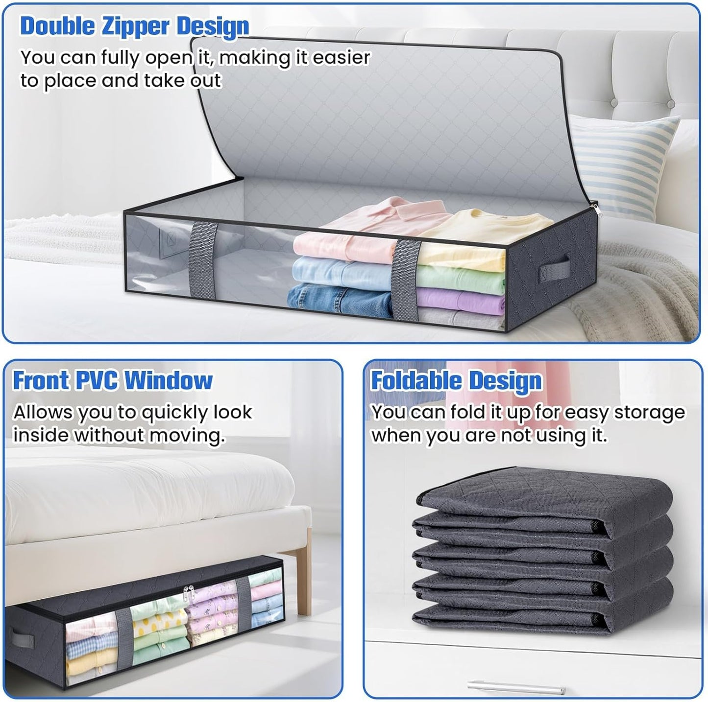 Under Bed Storage Containers, 2 Pack Blanket Storage Bags, Collapsible Storage Bags with Big Zippers, Clear Front, Shoe Storage and Organization for Clothes, Comforter, 75L, Grey