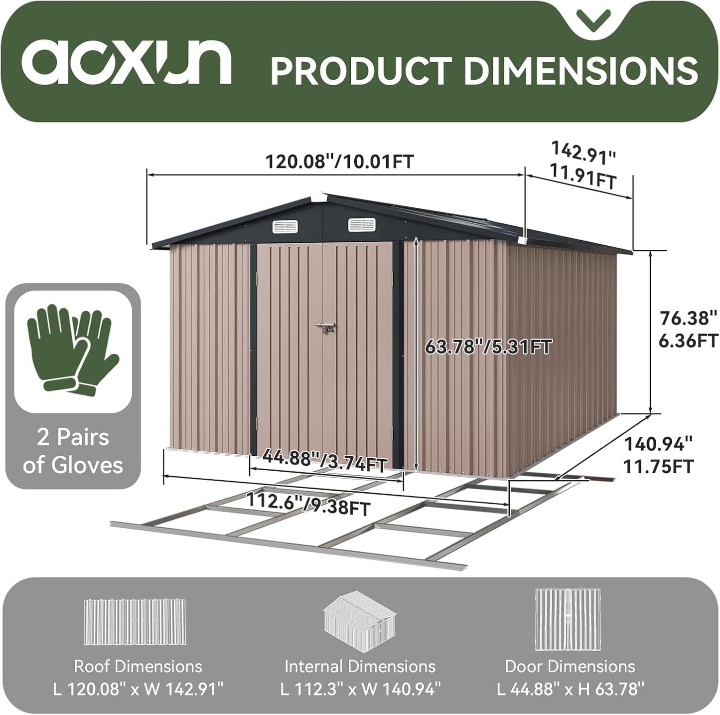 Aoxun 10 x 12FT Shed with Base Utility Garden Galvanized Steel Shed with Lockable Door & Sloped Roof Metal Sheds Outdoor Storage for Garden, Backyard, Patio and Backyard (Brown/Base Included)