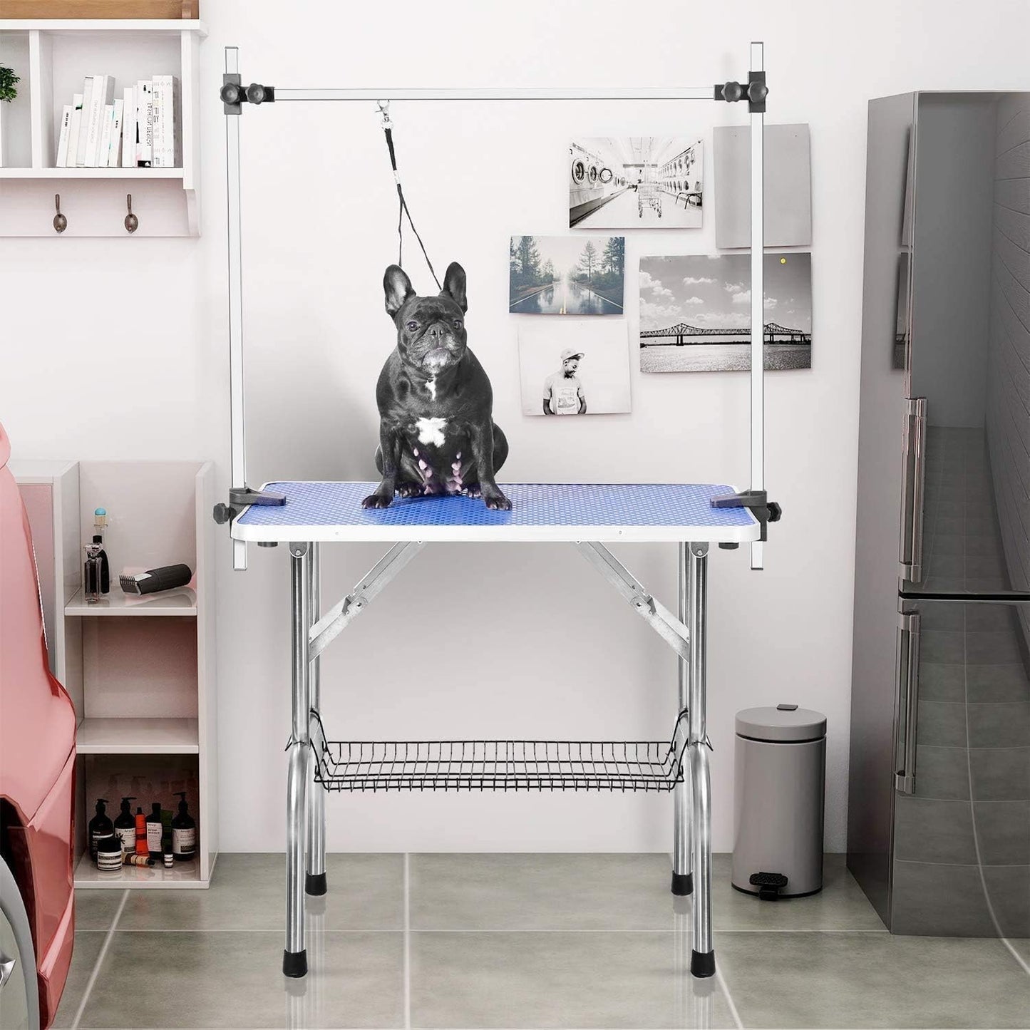 42" Dog Grooming Table Foldable Pet Grooming Tables with Adjustable Arm Noose Storage Mesh Tray Maximum Capacity Up to 330lbs Blue