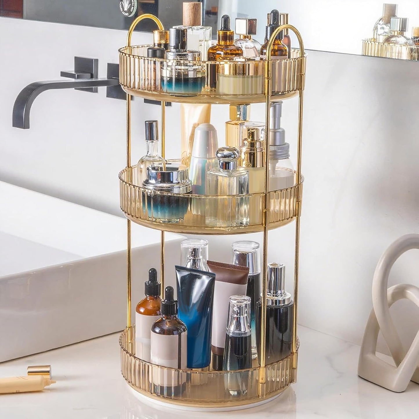 360 Rotating Makeup Organizer, Yellow, Unisex, 3 Tier Countertop Storage, Fits Cosmetics, Perfume, Skincare, Lipsticks