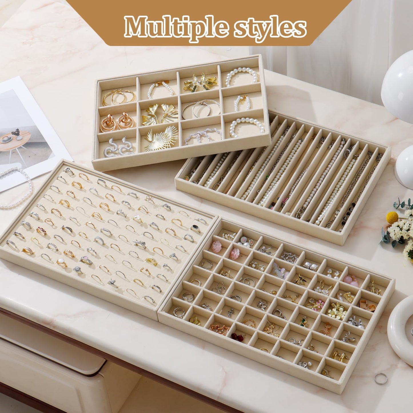 Large Jewelry Organizer for Drawer Insert Velvet Stackable Jewelry Trays for Earring Necklace Bracelet Ring Display (Beige, Ring 100 Slots)