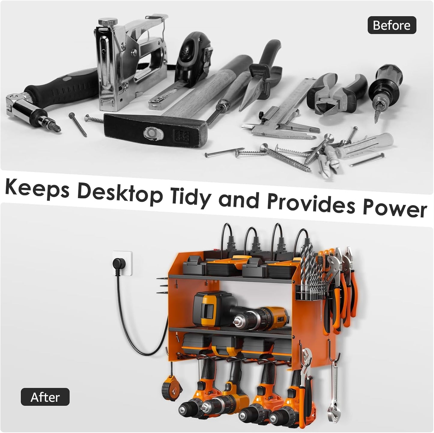 CCCEI Modular Power Tool Organizer Wall Mount with Charging Station. Garage Drill Storage Shelf with Hooks, Heavy Duty Rack, Tool Battery Holder Built in 8 Outlet. Gift for Men. Orange, 1 Pack.
