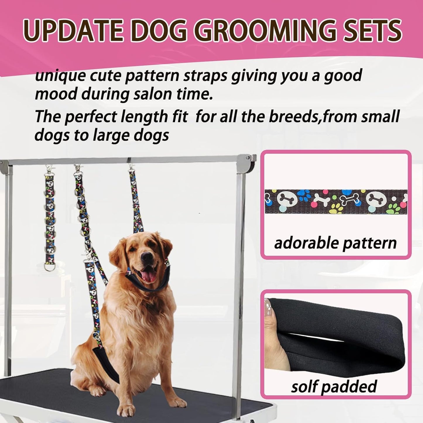 Dog Grooming Belly Straps – Adjustable Grooming Loops with Cute Paw & Bone Pattern Pet Grooming Belly Support Band Table Accessories for Small Medium Large Dogs(Pink)