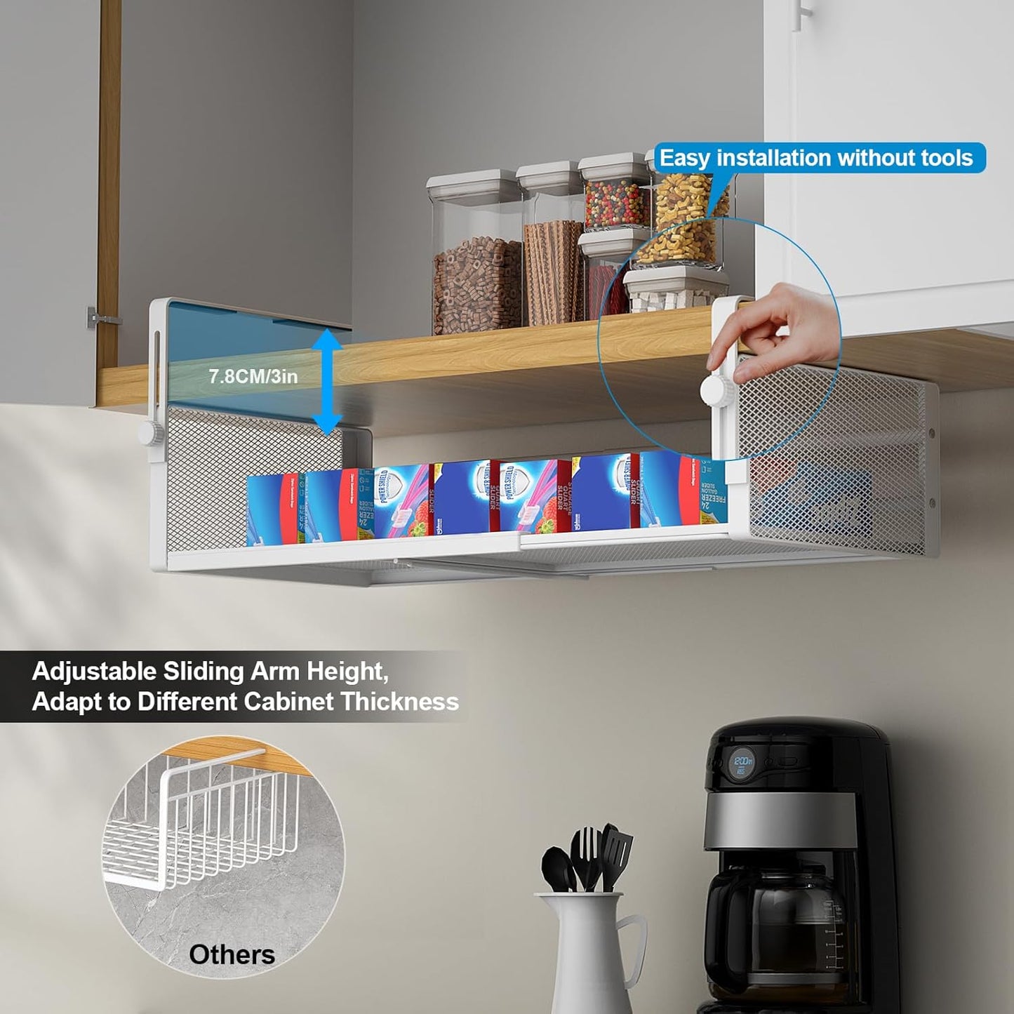 2Pack Under Shelf Basket, Adjustable Hanging Under Cabinet Shelf Storage, Hanging Holder Length Stretchable 14.9-22.6Inch for Kitchen Pantry Desk Counter Bookshelf Cupboard (White)
