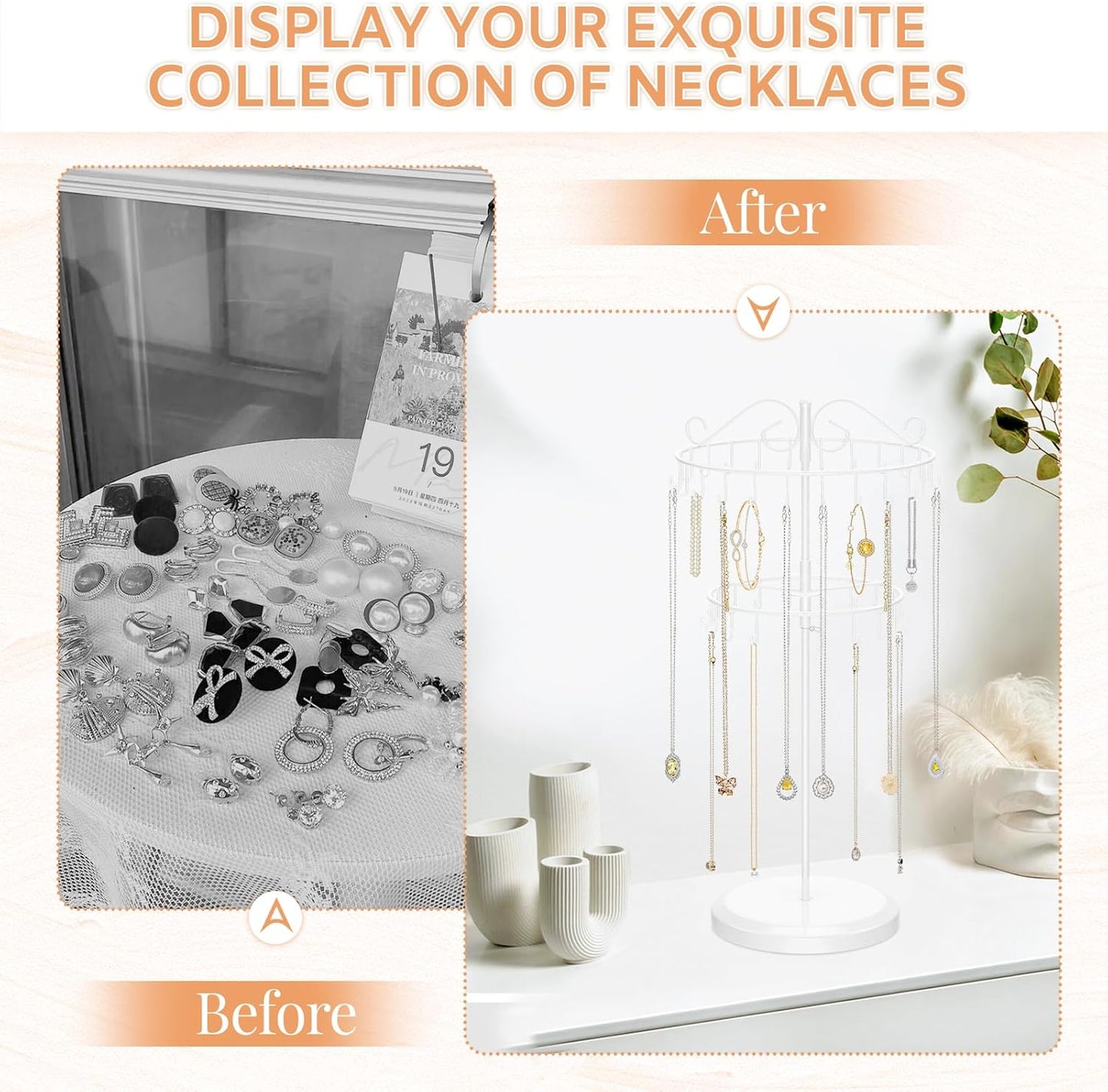 iDavosic.ly 2 Tier Rotating Necklace Holder Organizer with 42 Hooks, Adjustable Metal Bracelet Display Stand Rack, Extra Tall Keychain Spinning Tree Tower for Women, White