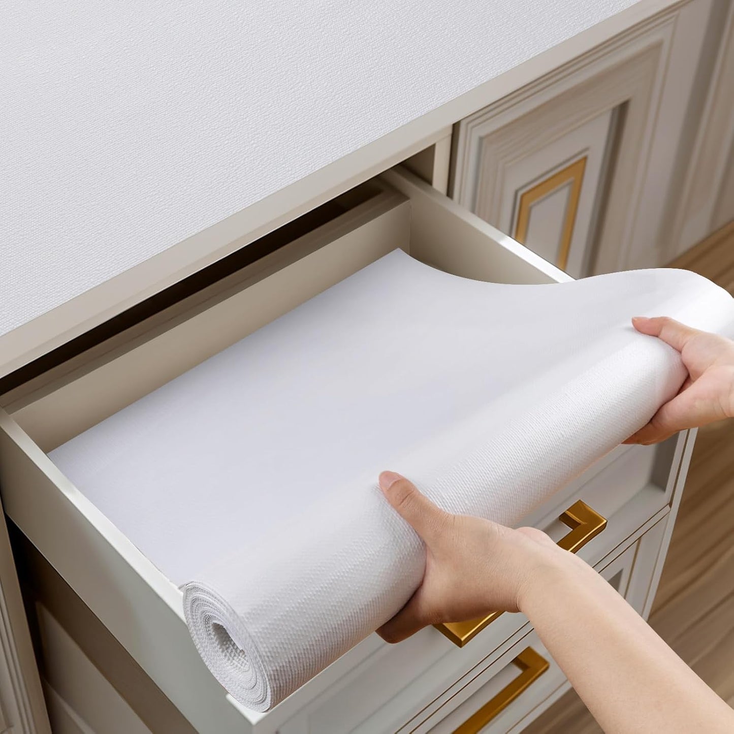 Shelf and Drawer Liner for Kitchen Cabinets Non-Adhesive, Strong Grip Non-Slip Thickened Cabinet Liners for Shelves, Waterproof Mats for Dresser Cupboard, White, 17 in x 10 Feet