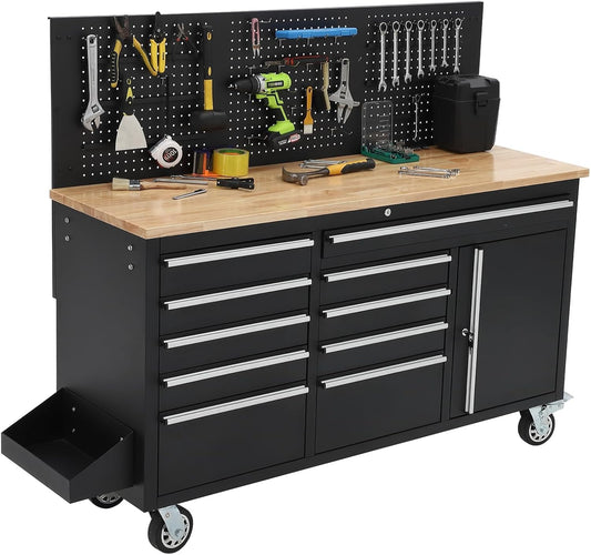 Rolling Tool Chest, 61 in Garage 10 Drawers Workbench Storage Tool Cabinet with Solid Rubber Wood Top, Power Strip, 1675 LBS Load Mobile Workstation, Heavy Duty Rolling Cabinet, Black