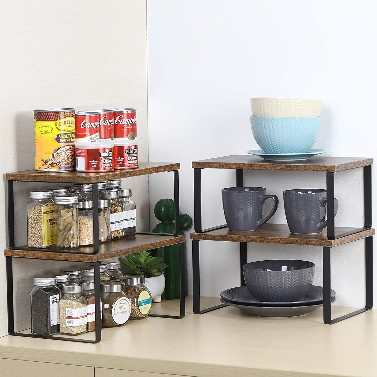 NEX Kitchen Cabinet and Counter Shelf Organizer, Shelf Riser for Pantry Countertop Cupboard Desk Top, Stackable & Expandable, Set of 4, Black and Rustic Brown