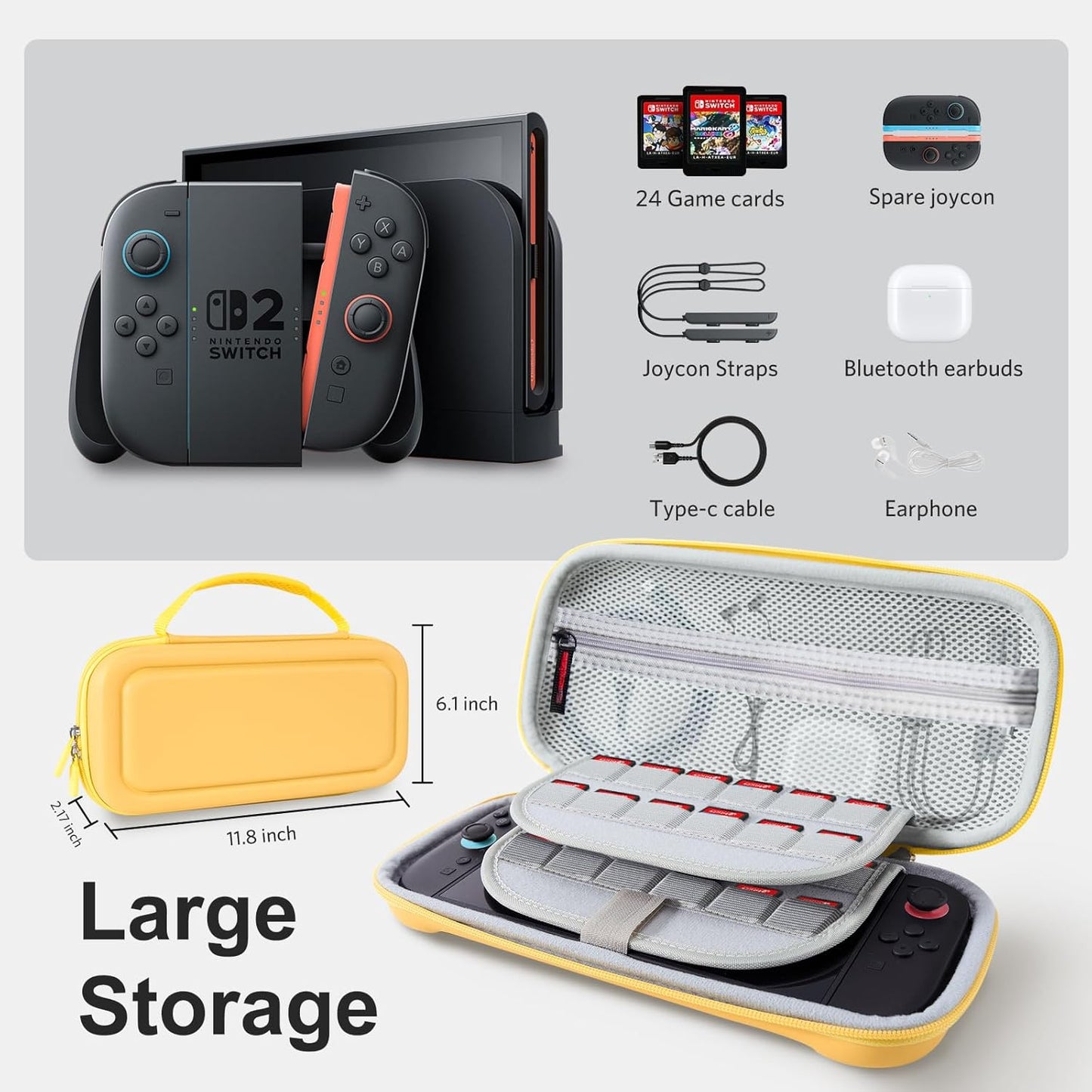 CoBak Large Capacity Carrying Case for Nintendo Switch 2 (2025) - 3 in 1 Accessories Bundle with 2 Screen Protectors, Thumb Grip Caps, 24 Game Cartridges, Hard Shell Portable Travel Pouch, Yellow