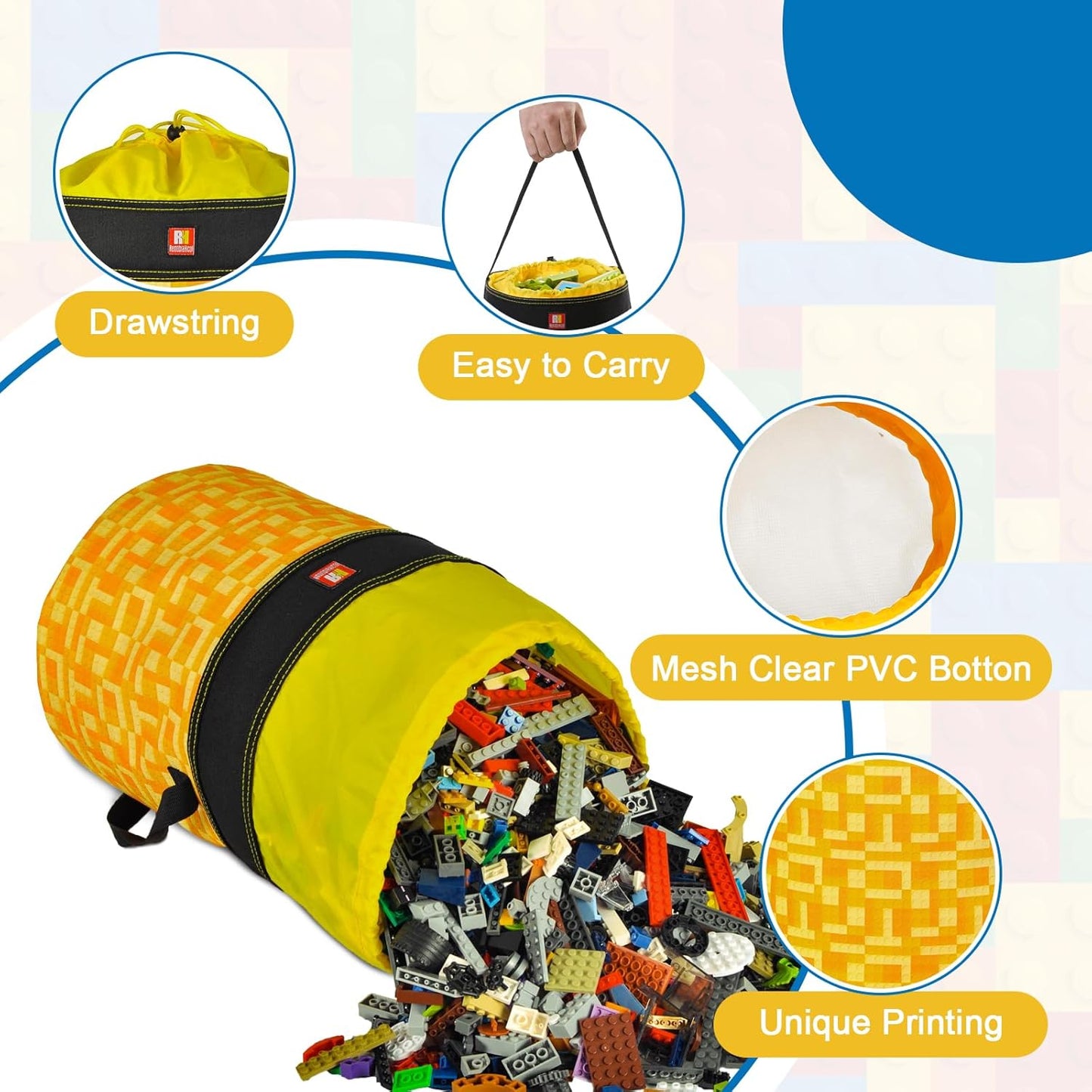 Toy Storage Organizer Basket Bag with Drawstring for Buliding Bricks, Blockets,Puzzles,Lego,Playroom Cinch Bucket Carrying Bag with Handle (Yellow)