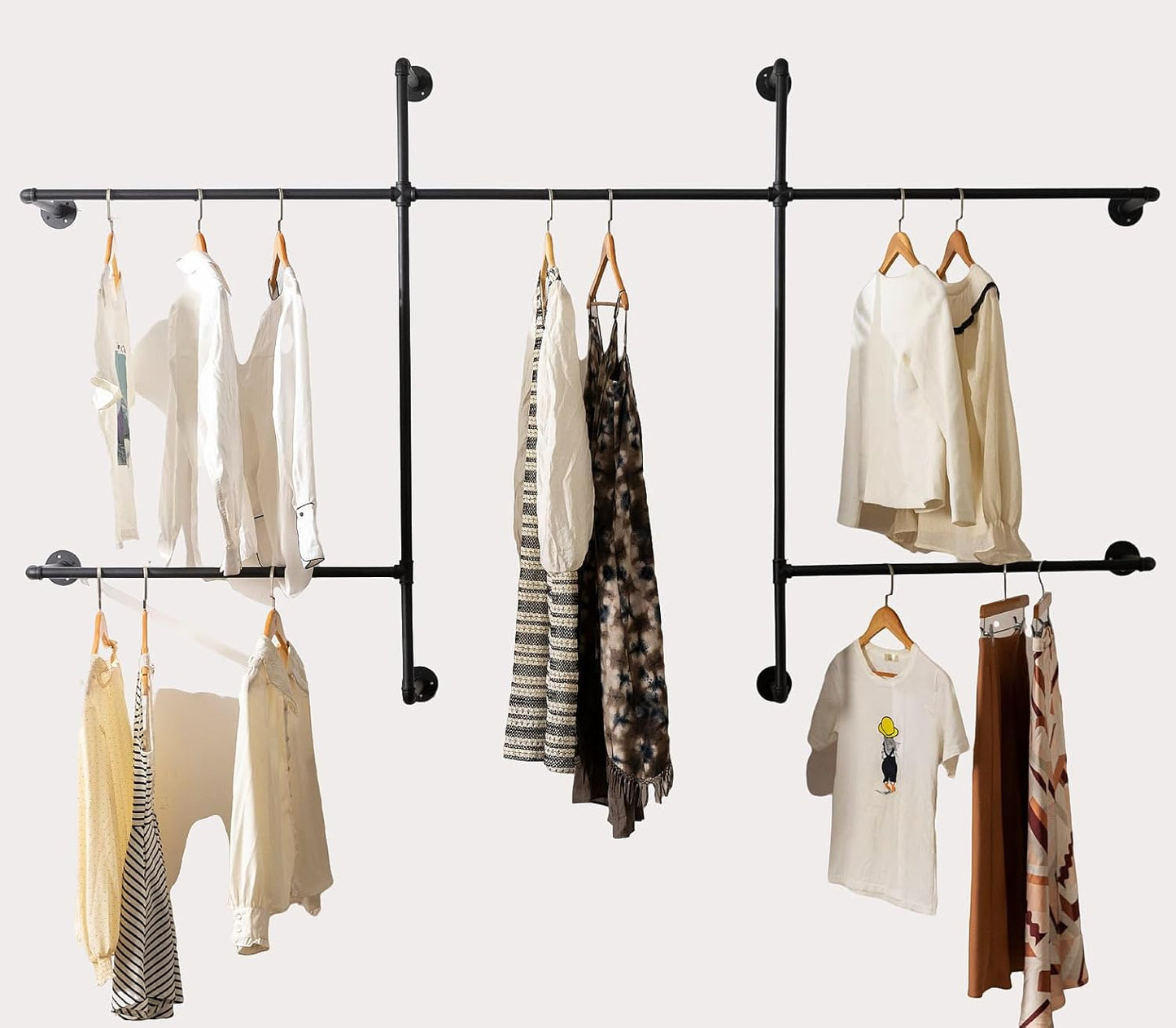 Industrial Pipe Clothes Rack Wall Mounted Clothing Rack,Heavy Duty Iron Pipe Garment Rods,Detachable Multi-Purpose Clothing Hanging Rod/Garment Bar, Black