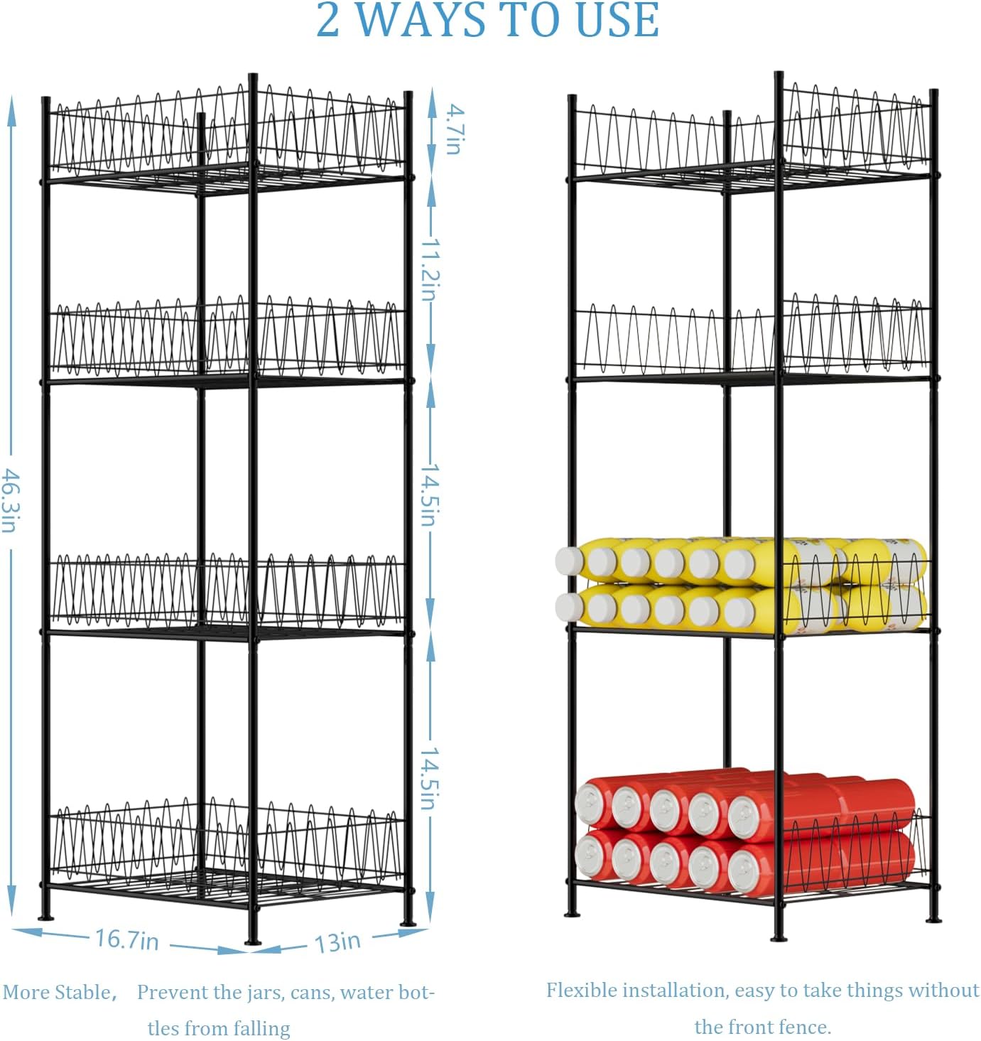 smusei Water Bottle Organizer Rack 4 Tier Free Standing Bottled Water Storage Organizer for Floor, Metal Beverage Soda Can Dispenser Shelf Holder Stand for Kitchen Pantry Office, Black