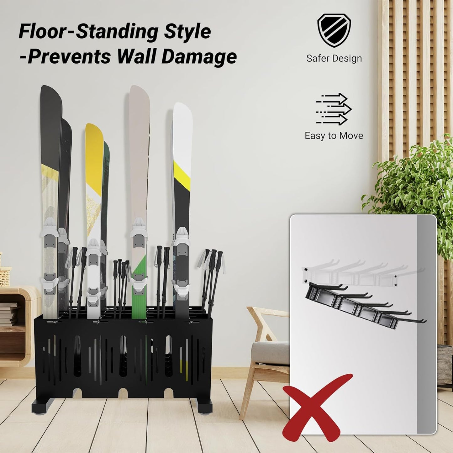 8-Pair Ski Storage Rack w/Width-Adjustable Fixing Bars, Heavy Duty Metal Freestanding Ski Rack - Ideal Organizer for Garage, Home and Store, 26" L ×18.1" W ×13.6" H