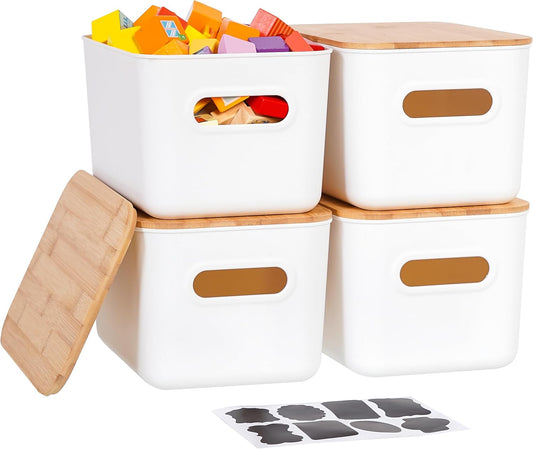 Citylife 4 PCS Storage Bins with Bamboo Lids Plastic Storage Containers for Organizing Stackable Storage Box with Handle, 10.23 x 7.08 x 6.3 inch