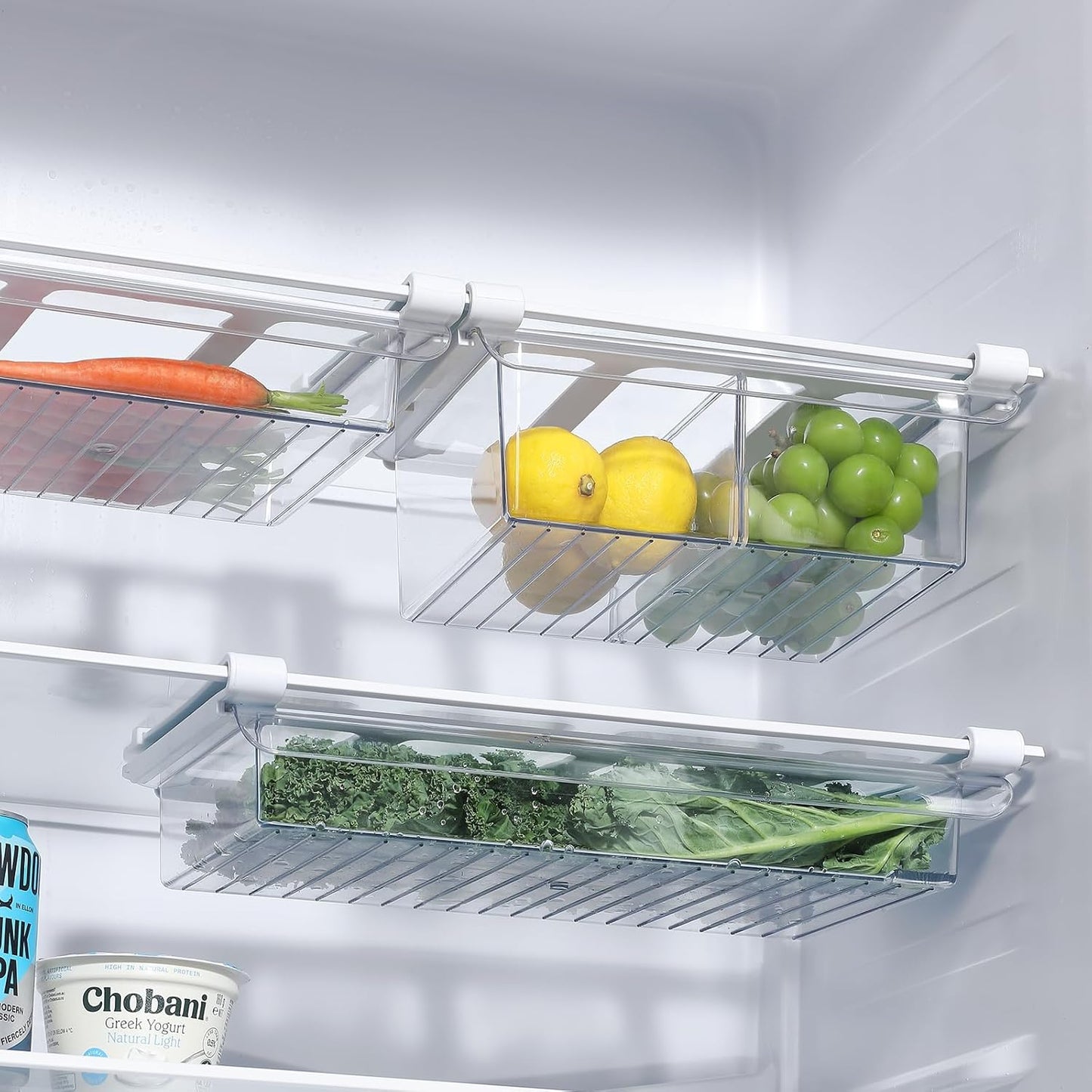 Pull-Out Fridge Drawer Organizer - Under Shelf Storage Bins for Refrigerator Organization for Fruits Vegetables, Cheese & Deli (Tall & Narrow with dividers)