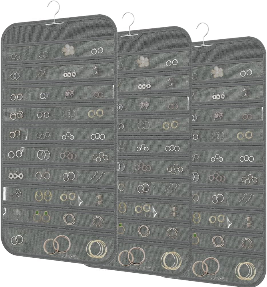 3PCS Hanging Jewelry Organizer with 80 Pocket Double-Sided Jewelry Holder Storage Wall Door Closet Accessories Organizer for Earrings, Necklaces, Rings (Grey)