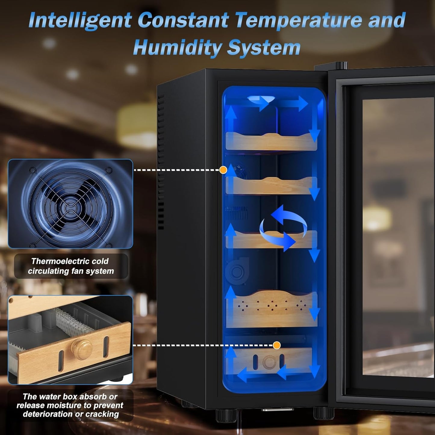 Electric Humidor-35L Cooling & Heating Humidor Smart Touch Control Humidity & Temp Humidors wtih Spanish Cedar Wood Tray, Digital Display, Safety Lock, Desktop Gift for Men