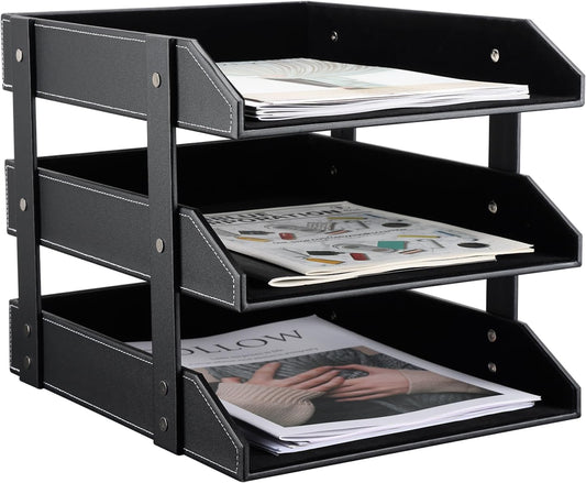 KINGFOM Letter Tray, Leather Paper Organizer Tray, Wooden Desk File Holder, Desktop File, Stackable Magazine Holder, Mail Sorter, Great for Home or Office - 3 Level Black