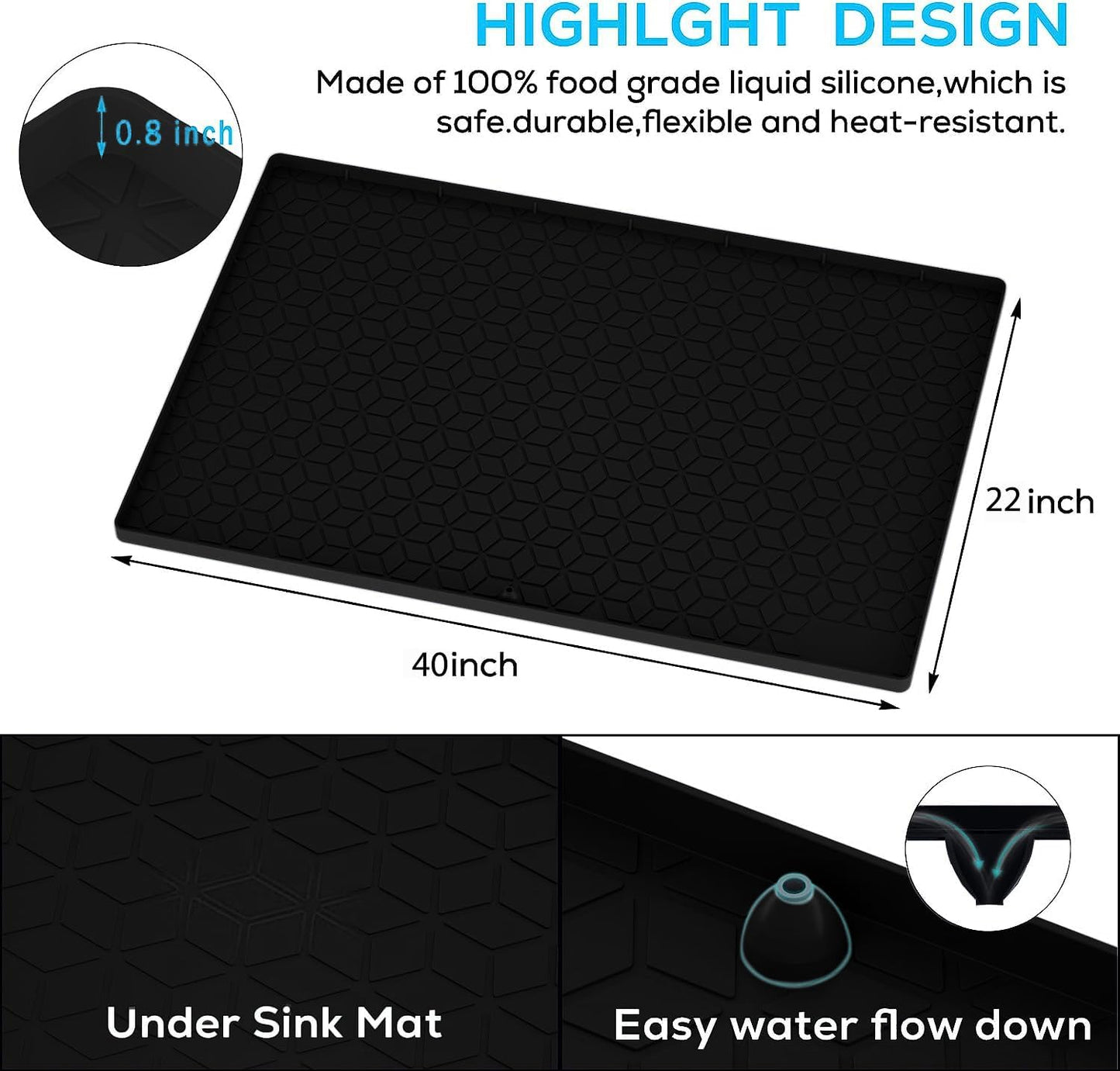 Under Sink Mat for Kitchen, Silicone Waterproof Liner, Flexible Organizer Tray with Drain Hole, 3.4 Gallons Capacity, Easy to Clean