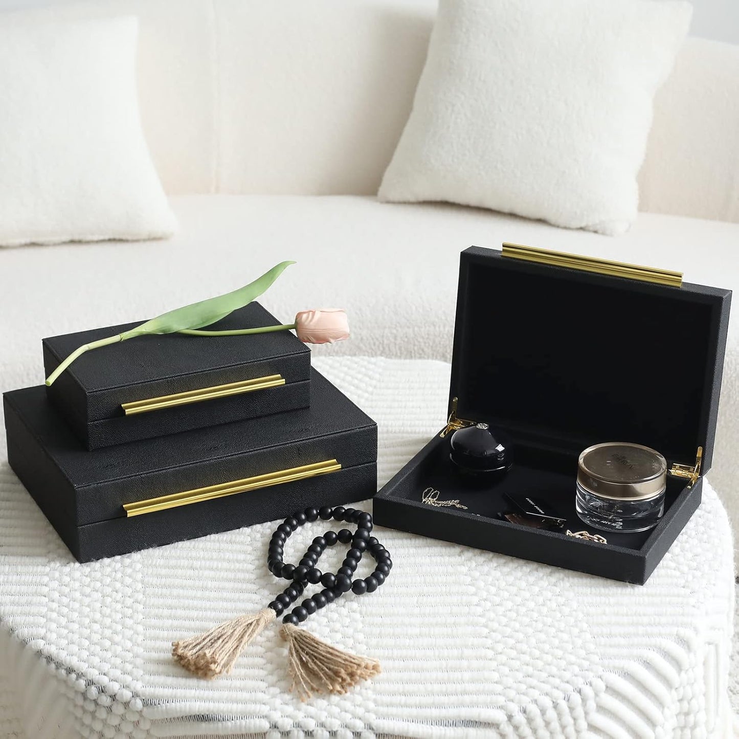 Faux Shagreen Leather Jewelry Storage Boxes Set of 3 with Gold Handles, Velvet Lined Stackable Organizer for Women, Vanity, Dresser, Gift, Black
