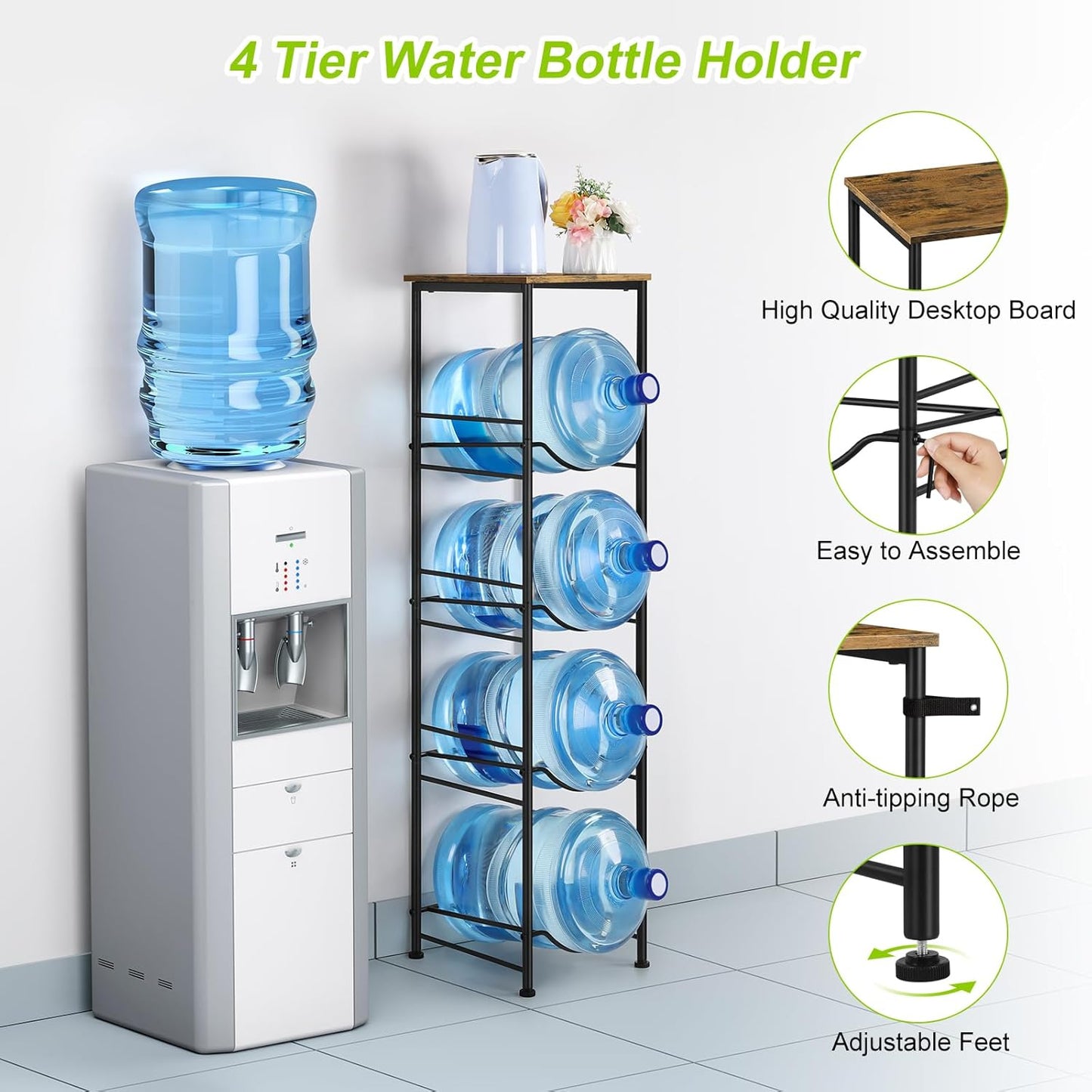 ETELI 5 Gallon Water Bottle Holder Organizer 4 Tier Water Cooler Jug Rack with Storage Shelves Water Bottle Dispenser Stand for Kitchen Living Room Office, Black and Brown