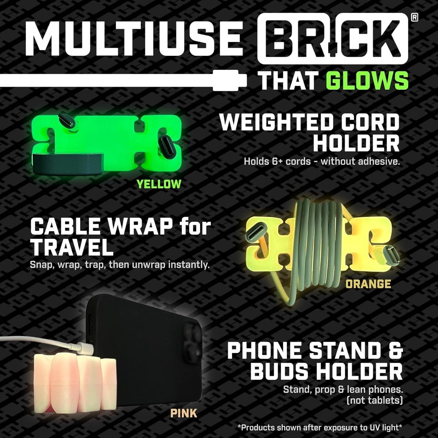 GlowBrick Stocking Stuffers for Adults Cord Management Weighted Cord Holder Cable Wrap Phone Stand - Glow-in-The-Dark Gadget Organizer for Nightstand. Gift for Men, Silicone. 2pk Glowing Yellow