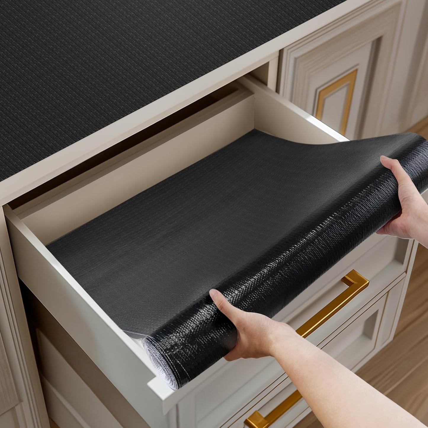 Shelf and Drawer Liner for Kitchen Cabinets Non-Adhesive, Strong Grip Non-Slip Thickened Cabinet Liners for Shelves, Waterproof Mats for Dresser Cupboard, Black, 17 in x 30 Feet