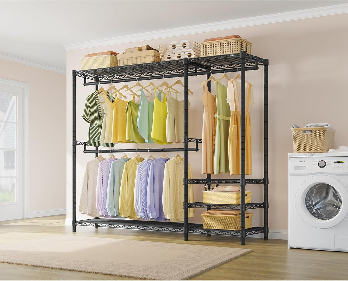 VIPEK V2 Plus Heavy Duty Clothes Rack, Portable Metal Clothing Racks with 4 Tiers Adjustable Wire Shelving & 3 Hanging Rods, Freestanding Closet Rack, Max Load 886LBS, Black