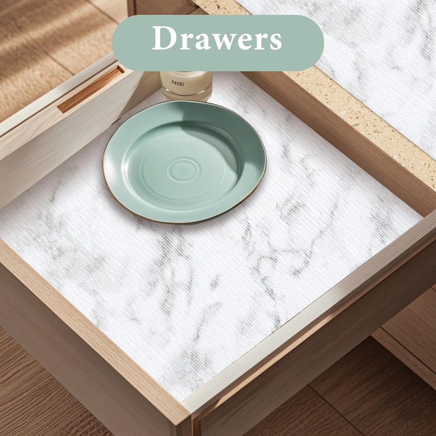 Drawer and Shelf Liner for Kitchen Cabinet: 23.6 in X 30 Ft Non Slip Waterproof Shelf Paper Non Adhesive Refrigerator Liners White Marble Easy Liners for Bathroom with Knife Tape Measure