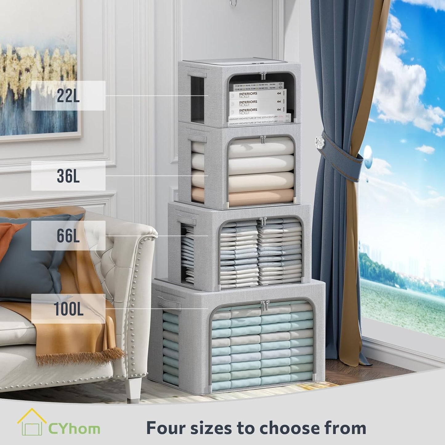 CYhom Clothes Storage Bins Box - Linen Fabric Foldable Stackable Container Organizer Set with Clear Window & Carry Handles & Metal Frame (Light Grey, Medium-36L)