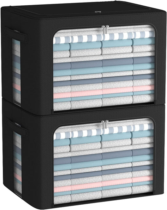 CYhom Clothes Storage Bins Box - Linen Fabric Foldable Stackable Container Organizer Set with Clear Window & Carry Handles & Metal Frame (Black, Large-66L)