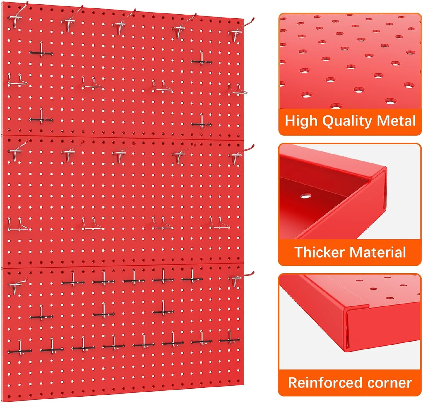 TORACK 3 PCS Metal Pegboard Panels(12x24 inch) for Wall Garage Tools Storage Pegboard System for Workbench, Modular Peg Board Tool Organizer Board Kit(Pack of 3, Red)