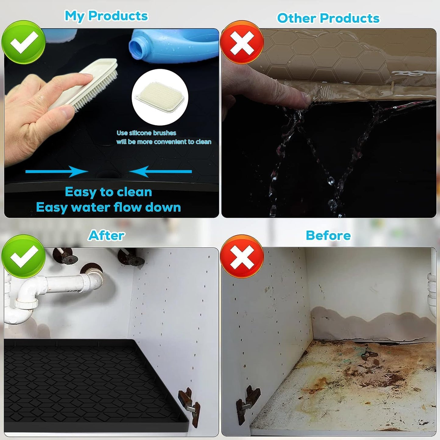 Under Sink Mat for Kitchen Silicone Waterproof Under Sink Liner, Flexible Sink Cabinet Organizer Tray with Drain Hole, Hold up to 3.3 Gallons Liquid, Easy to Clean (Black, 28X19)
