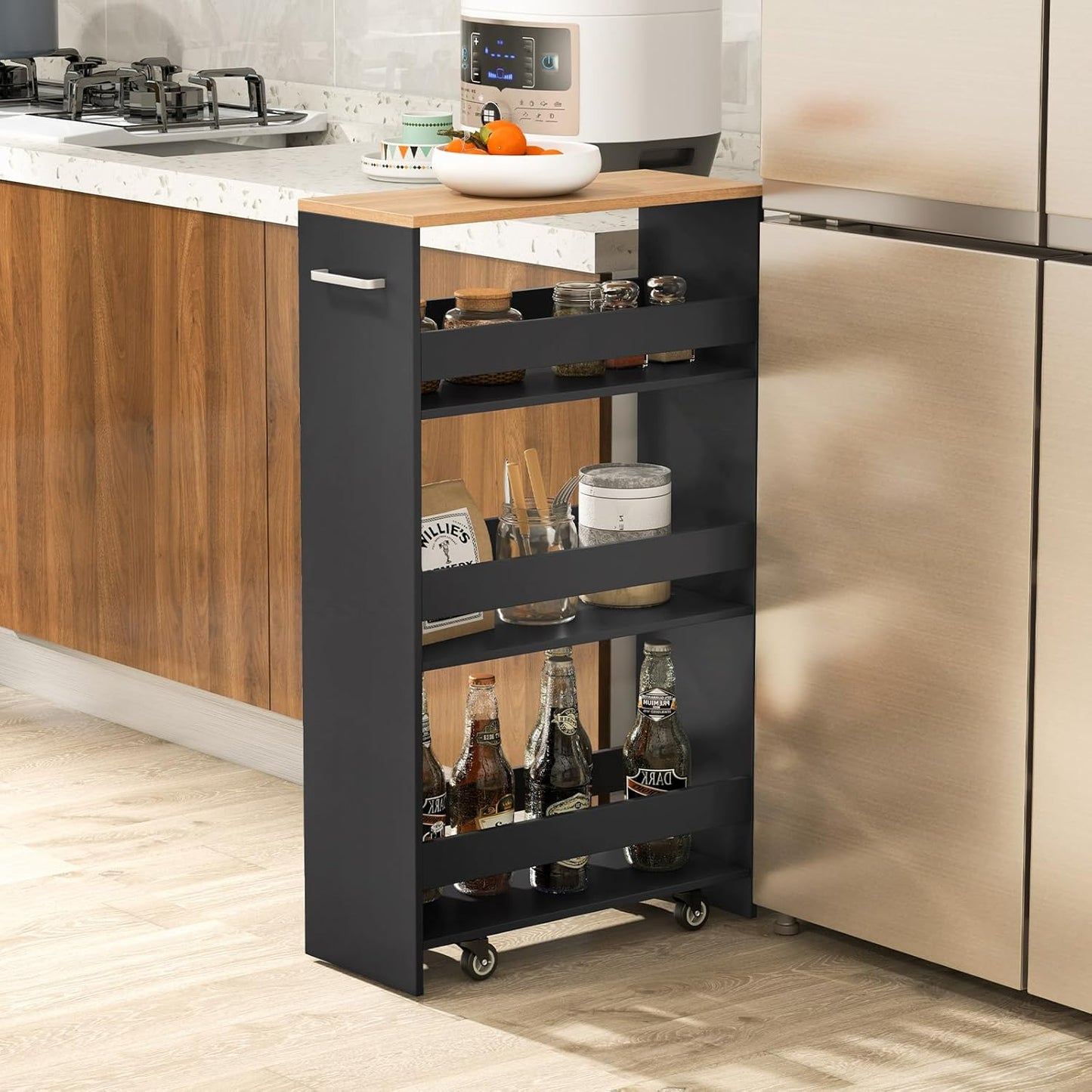 LOKO 4-Tier Rolling Storage Cart, 8 Inches Slim Kitchen Cart on Wheels with Open Shelves & Handle, Laundry Room Cart Between Washer and Dryer, for Bathroom Next to Fridge (Black & Natural)