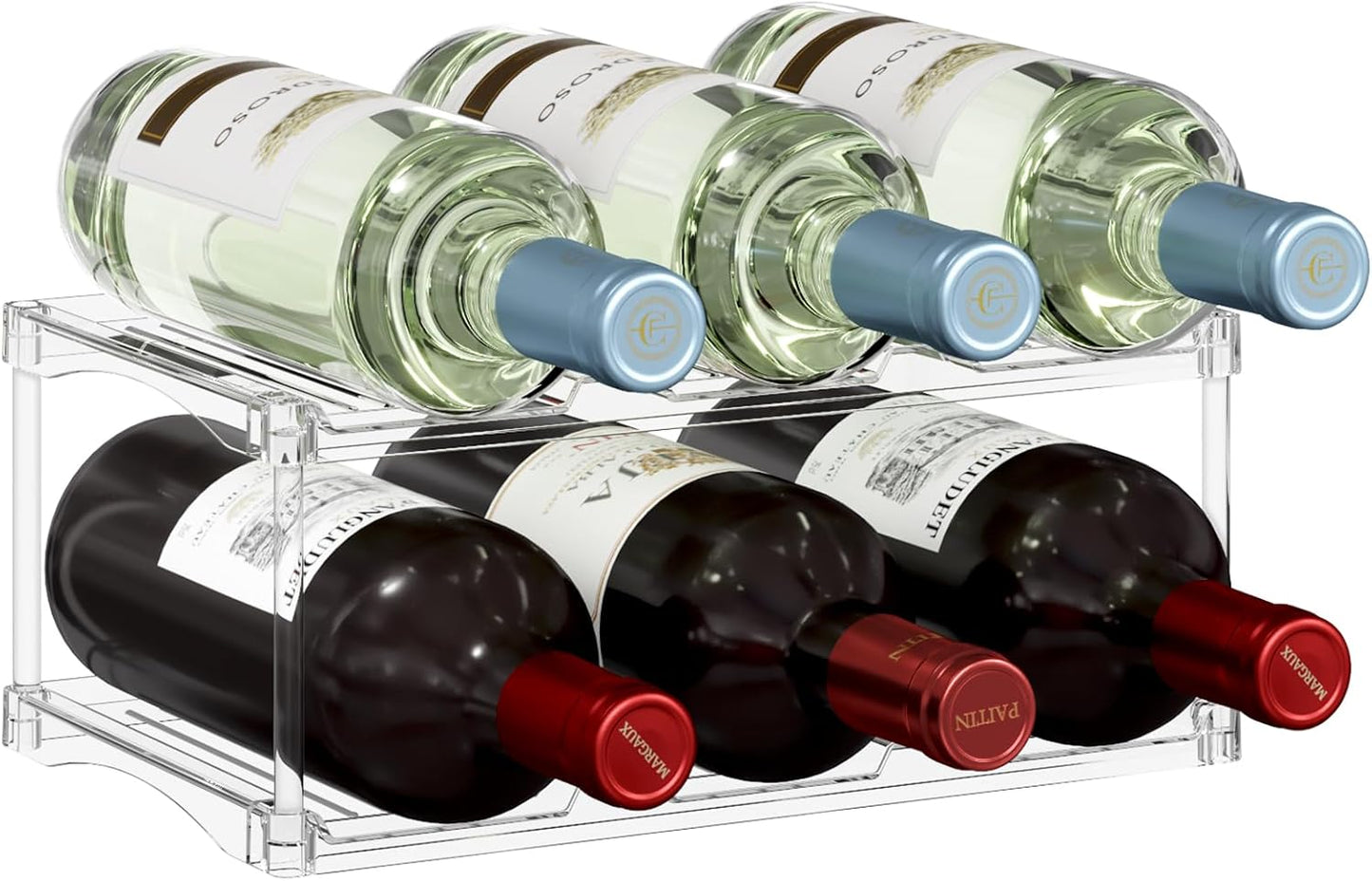 Lifewit Stackable Water Bottle Storage Organizer, Clear Freestanding Wine Bottle Holder for Cabinet, Tumbler Cup Organizer, Plastic Large Compartment Wine Rack for Fridge Cellar, 2Tier Hold 6