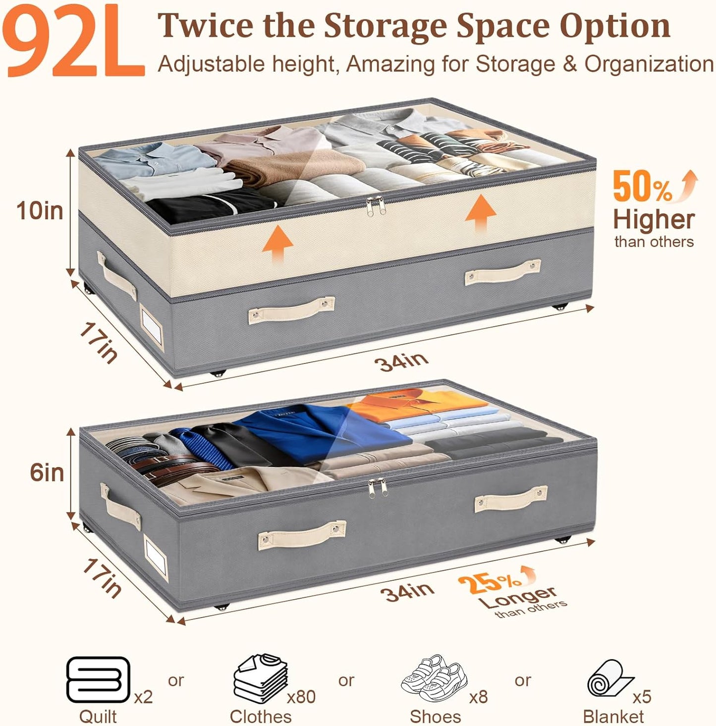Dolicer 2 Pack Under Bed Storage with Wheels, 6in-10in Height Adjustable Underbed Storage Containers, 92L XXXL Under Bed Drawers Rolling Bin with Clear Lids for Dorm Shoes Clothes Organizers(Grey)