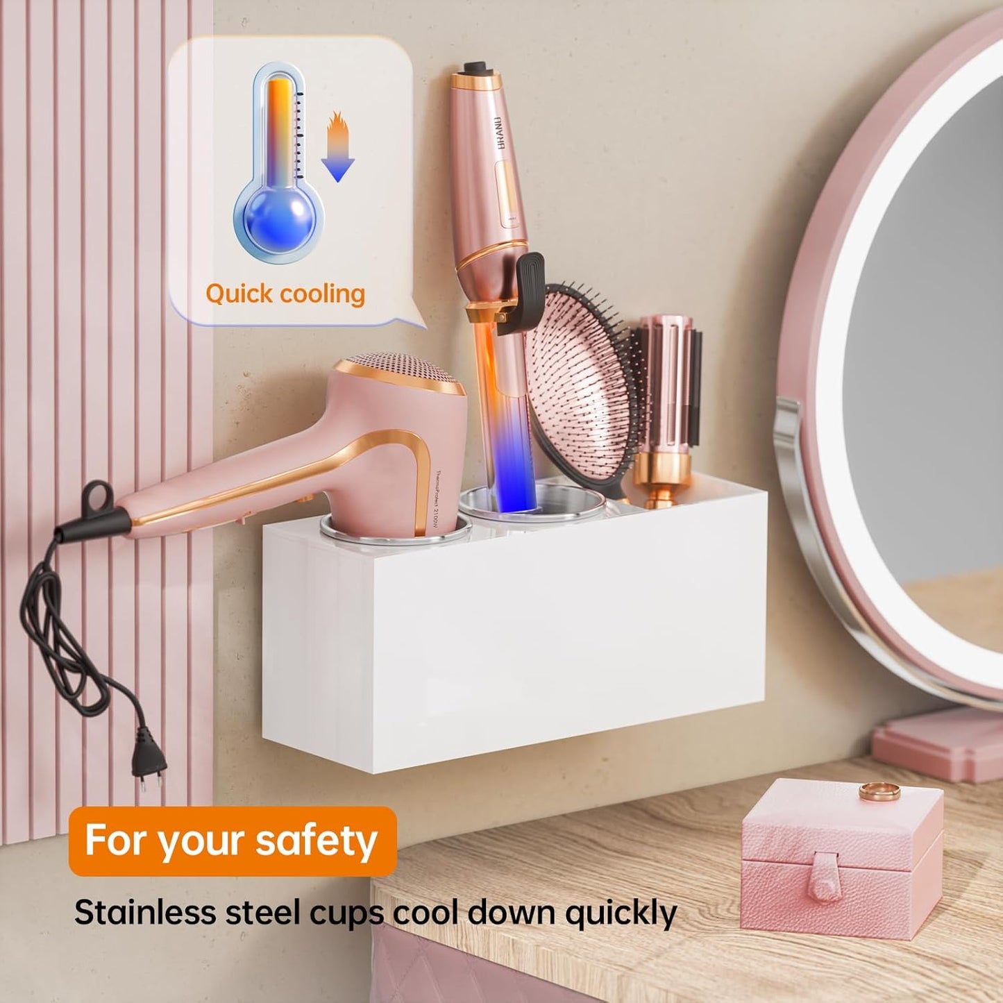 Hair Tool Organizer Acrylic: Hair Dryer Holder Wall Mount - Blow Dryer Holder Cabinet Door - Bathroom Countertop Organizer for Curling iron Hot Styling Tools Flat Iron - White