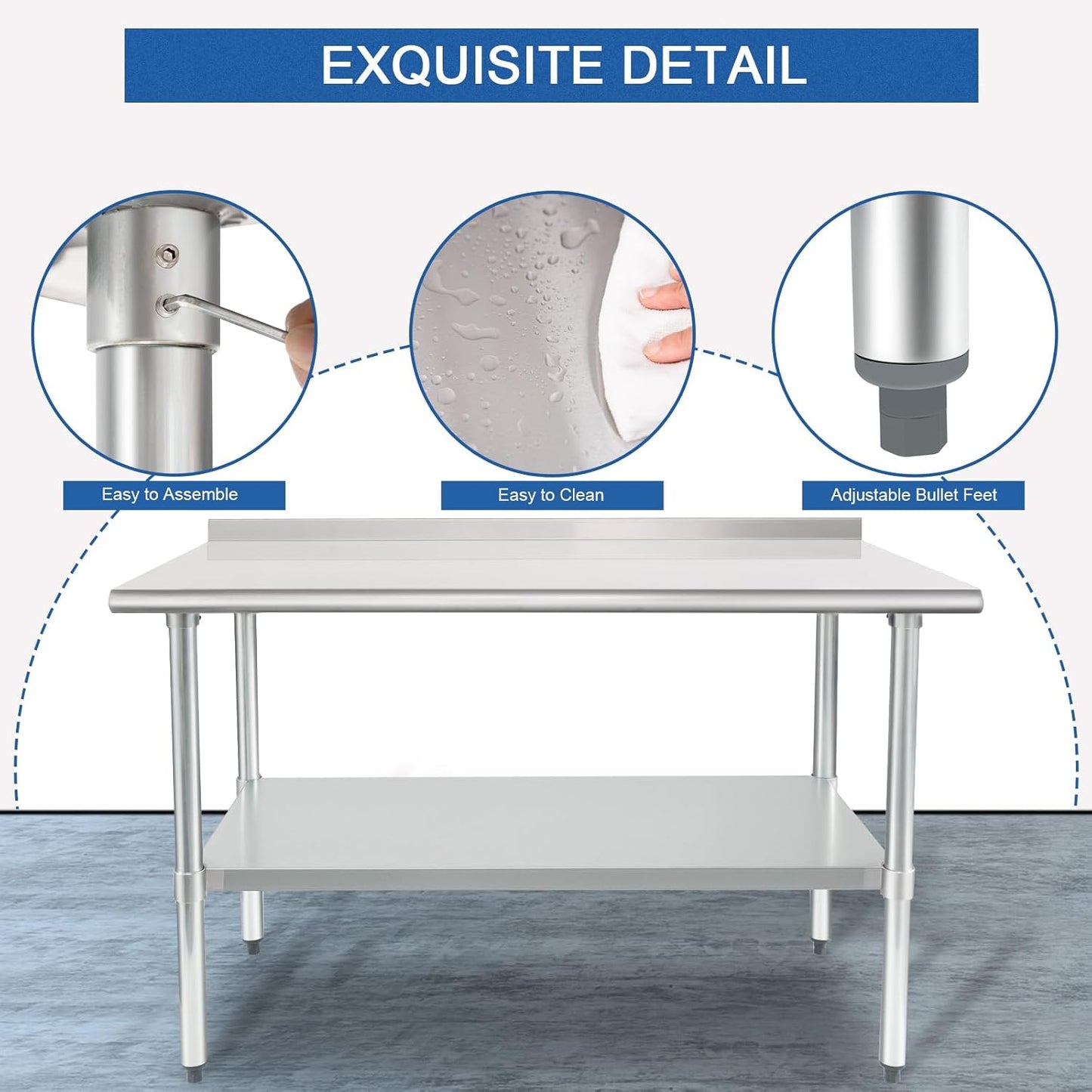 HARDURA Stainless Steel Table Prep & Work Table 24 x 48 Inches NSF Heavy Duty Commercial with Undershelf and Backsplash for Restaurant Kitchen Home and Hotel