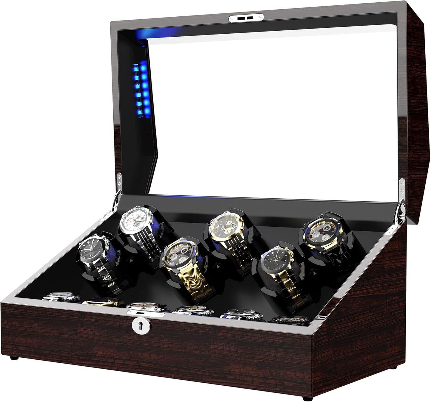 Watch Winder for 12 Storages, Wood Piano Paint Shell+ Extremely Silent Motors, with Soft Flexible Watch Pillow, Built-in Illumination (Pine Bark Pattern)