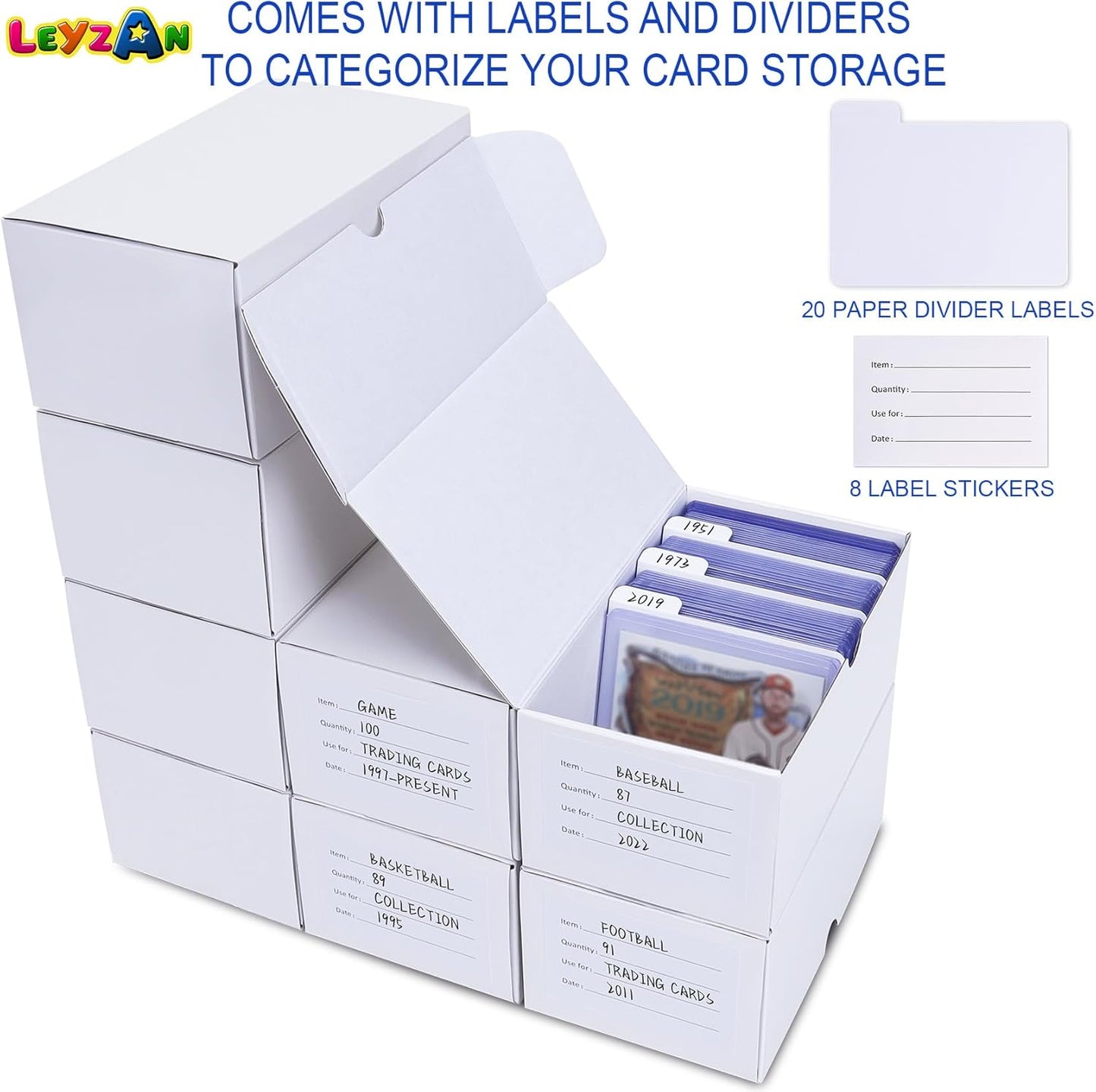 Toploader Storage Box, 8-Pack•100 Count Corrugated Cardboard Trading Card Top Loaders with Dividers & Labels for TCG/Magic/Mtg Organizer and Collection