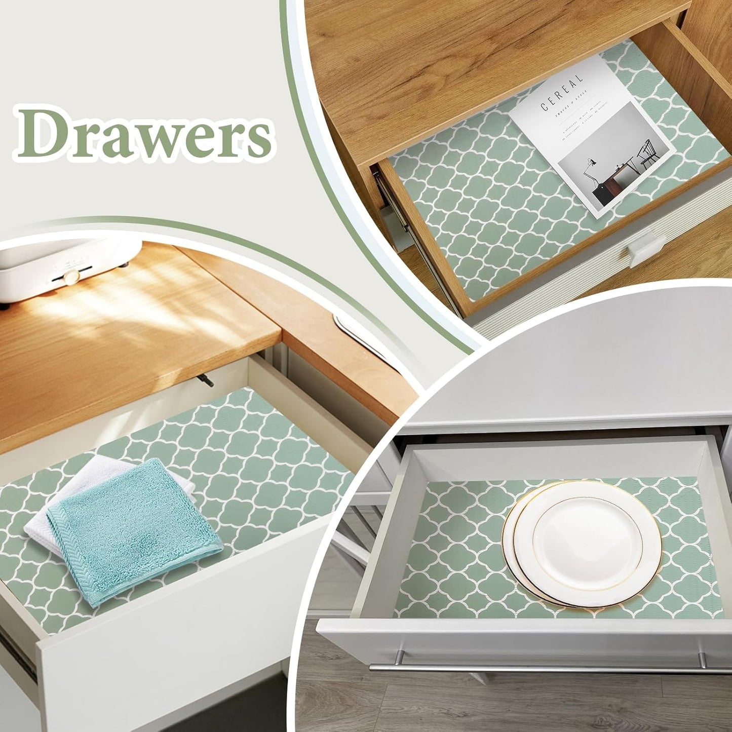 Shelf Liners for Kitchen Cabinets Non Adhesive Drawer Liner 17.5in x 20FT Light Green Quatrefoil Thickened Shelf Liner Strong Non-Slip Easy to Clean Tool Box Refrigerator with Knife and Tape Measure