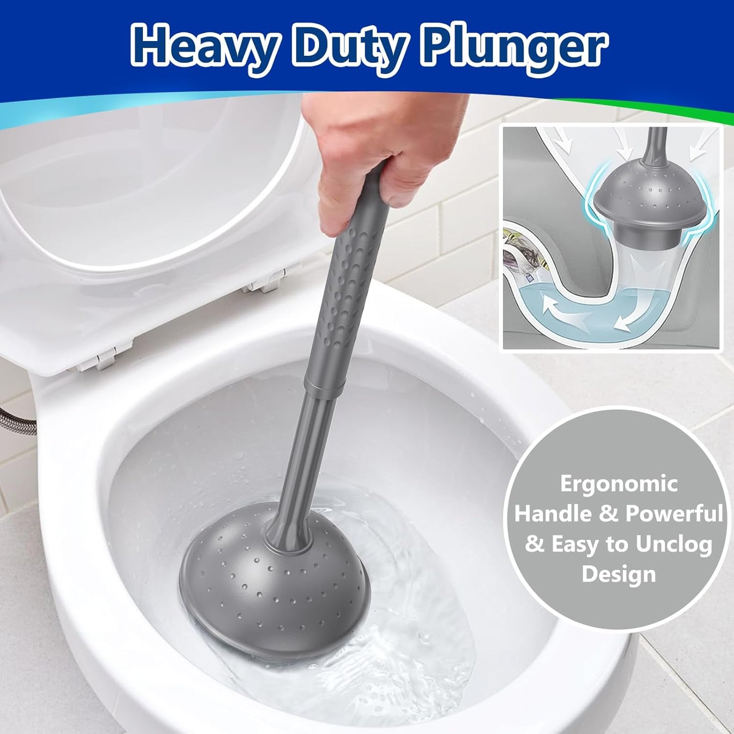 Toilet Brush and Plunger Set: 2-in-1 Heavy Duty Toilet Plunger and Bowl Brush Combo with Holder for Bathroom Cleaning - Grey