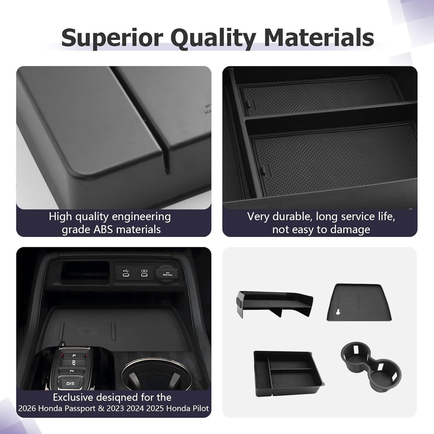 LUWU 2026 Honda Passport Accessories Compatible with 2023 2024 2025 Pilot & 2026 Passport Center Console Organizer,Center Console Cup Holder, Wireless Charging Protective Mat, Armrest Organizer 4PCS