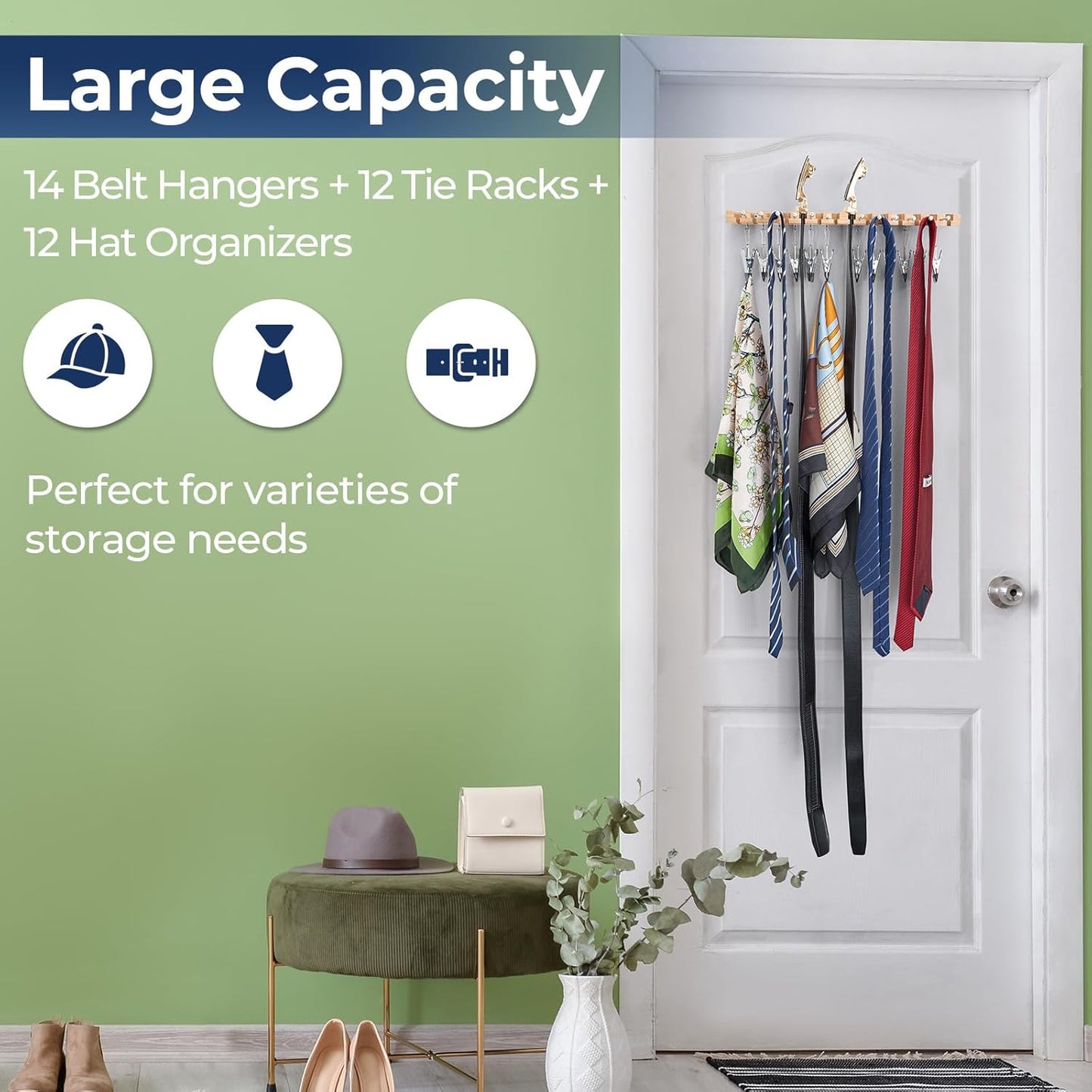 Ohuhu 3 in 1 Belt Hanger Tie Rack Hat Organize for Closet Storage with 14 Belt Slots 12 Tie Hangers 12 Hat Clips Wall Mount Belt Display Space Saver for Men Women Belt Tie Hat Accessories