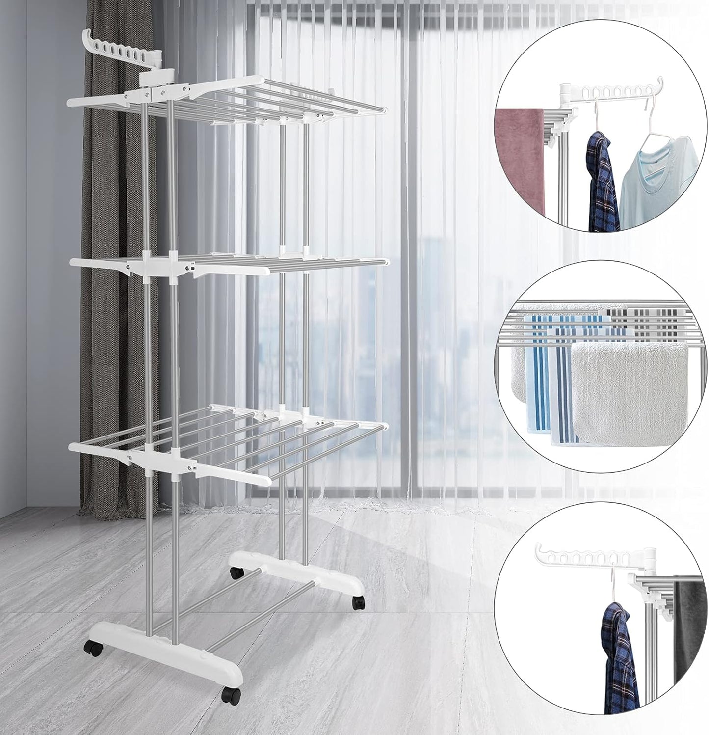 Bigzzia 3 Tier Folding Drying Rack Clothing Clothes Horses Rack Stainless Steel Laundry Drying Rack (Grey White, 4 Tier)
