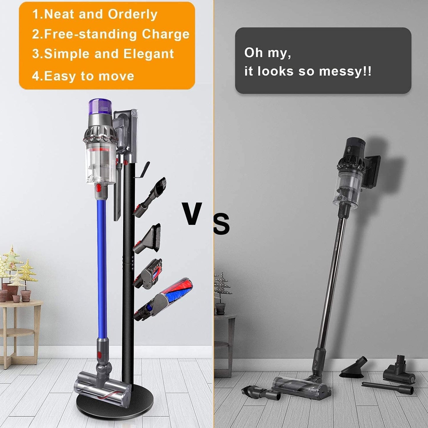 Storage Stand Holder Compatible with V15 Detect, V11 V10 V8 V7 V6 Cordless Vacuum Cleaners and Accessary, Floor Docking Station Metal Organizer Bracket with 5 Hooks, Black
