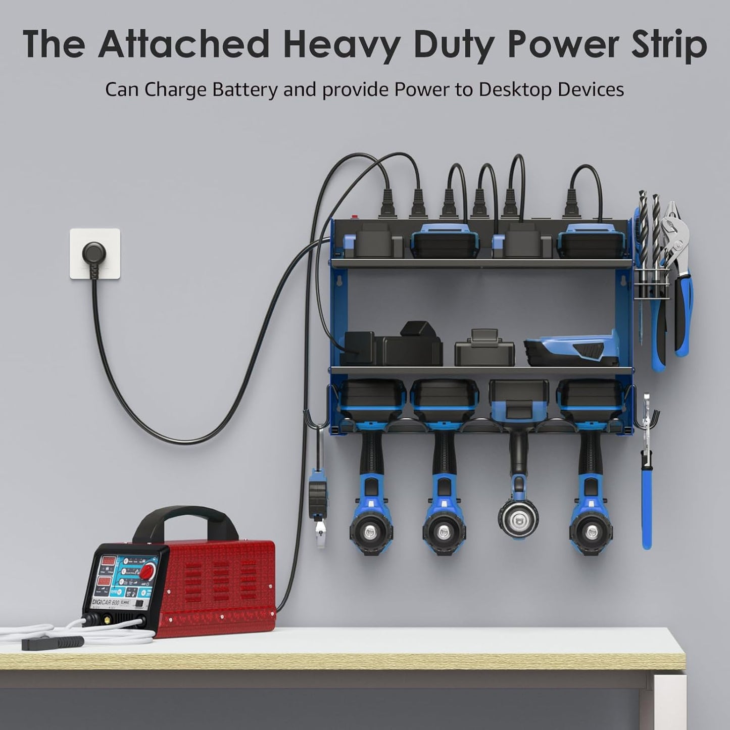 CCCEI Modular Power Tool Organizer Wall Mount with Charging Station. Garage Drill Storage Shelf with Hooks, Heavy Duty Rack, Tool Battery Holder Built in 8 Outlet. Gift for Men. Blue, 1 Pack.