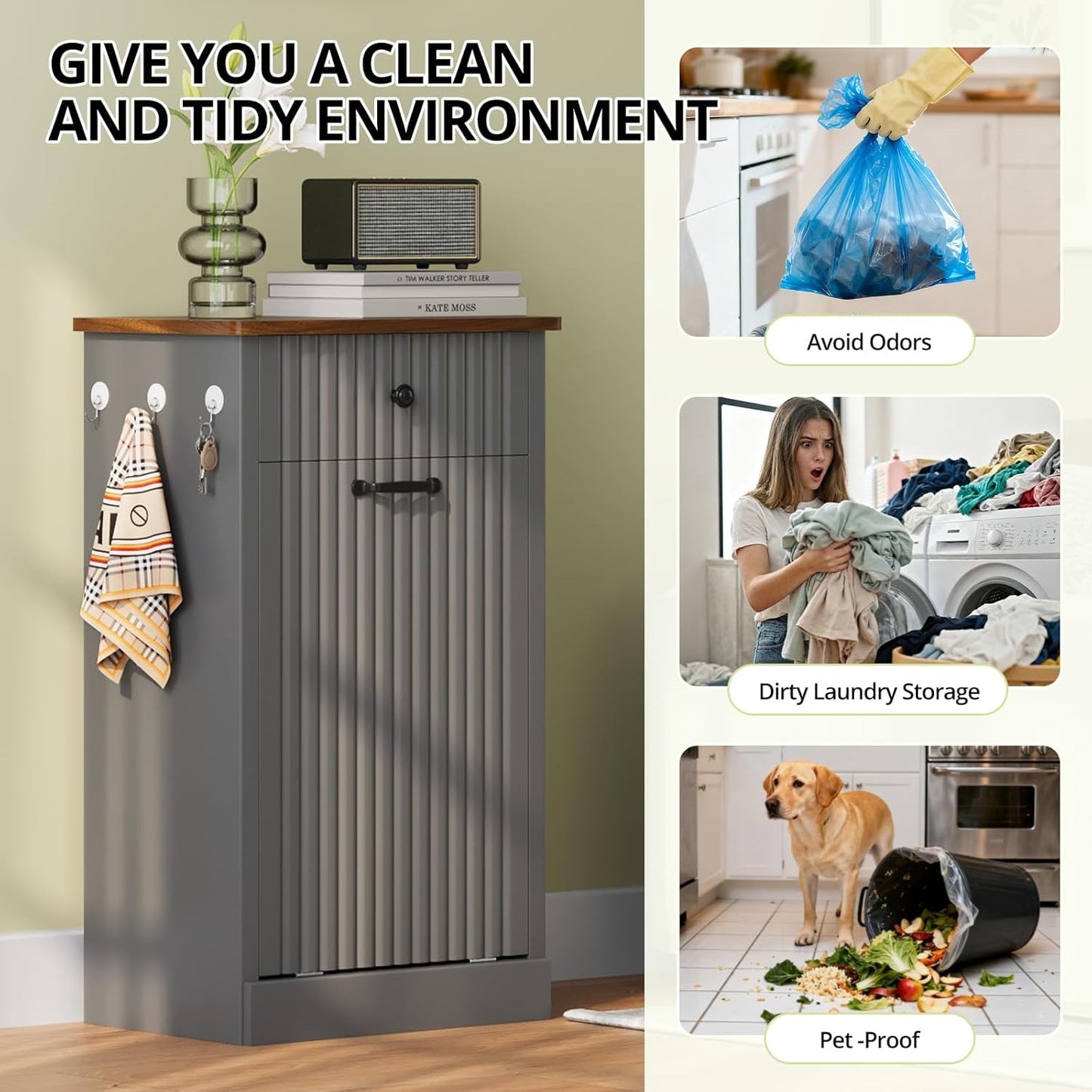 Tilt Out Trash Can Cabinet, 10 Gallon Fluted Laundry Hamper Cabinet with Drawers, Freestanding Wooden Hidden Garbage Can Cabinets for Kitchen, Living Room, Without Trash Bin or Laundry Hamper, Grey