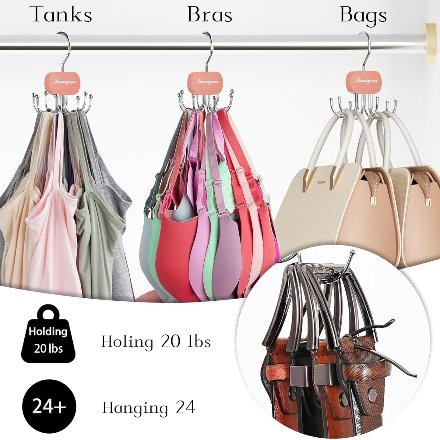 Cedar Wooden Belt Hanger, Belt Organizer for Closet,Rotatable Tie Rack,Belt Holder,Hanging Closet Storage Hook for Belt, Bra, Tank Top, Tie, Scarf, Purse, 2PCS