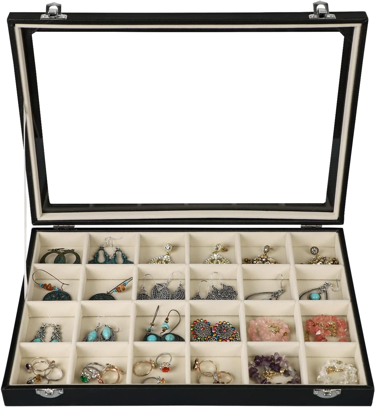 Stratalife Jewelry Tray 24 Grid Earring Organizer with Clear Lid Jewelry Holder Organizer Jewelry Organizer Box Jewelry Storage Crystal Holder For Stones Display (Beige Black)